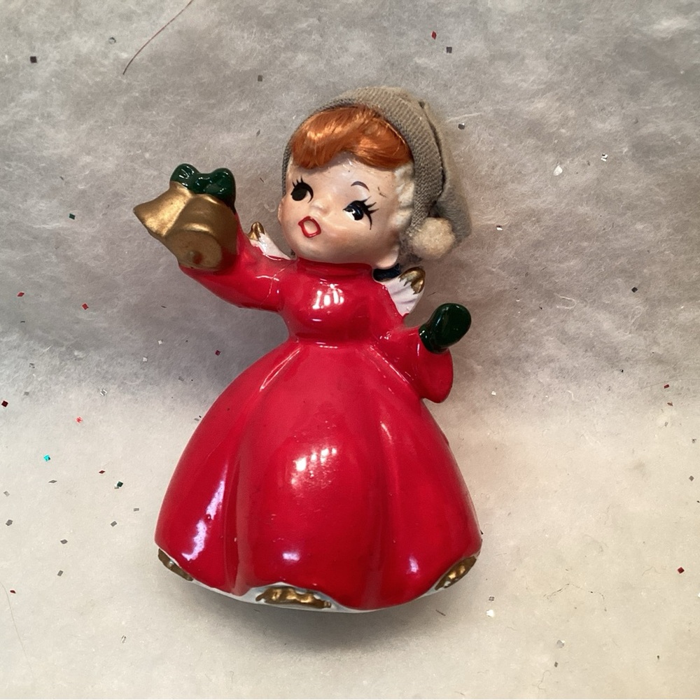 Vintage Red Ceramic Figurine with Bell